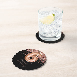 Rose Gold Black 6th Birthday Party Paper Coaster