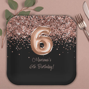  Rose Gold Black 6th Birthday Party Paper Plate