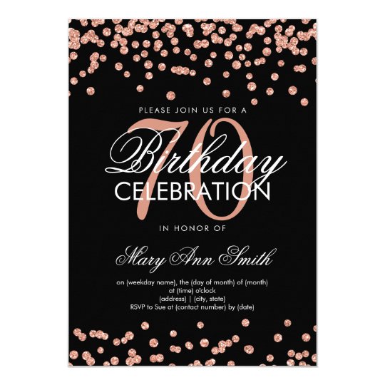 Rose Gold Black 70th Birthday Glitter Confetti Invitation | Zazzle.com.au