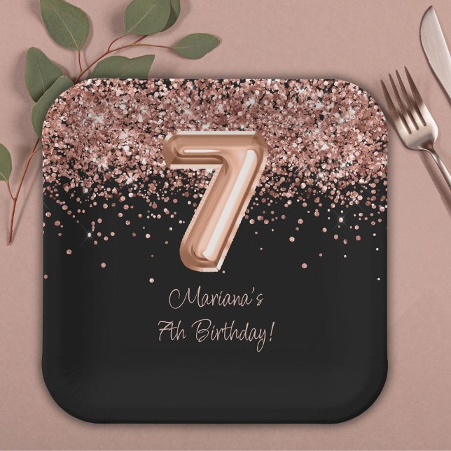  Rose Gold Black 7th Birthday Party Paper Plate (Creator Uploaded)