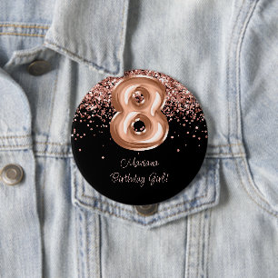 Rose Gold Black 8th Birthday Party 10 Cm Round Badge