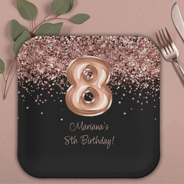  Rose Gold Black 8th Birthday Party Paper Plate (Creator Uploaded)