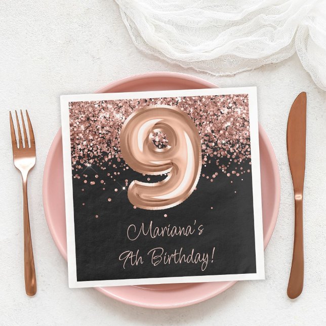  Rose Gold Black 9th Birthday Party Napkin (Creator Uploaded)