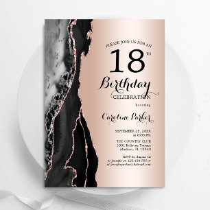 Rose Gold Black Agate 18th Birthday Invitation
