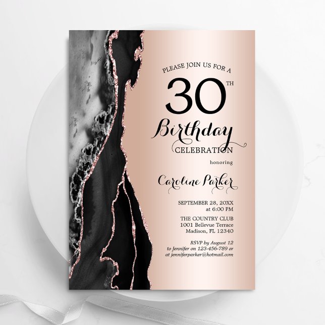 Rose Gold Black Agate 30th Birthday Invitation (Creator Uploaded)