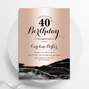 Rose Gold Black Agate 40th Birthday Invitation