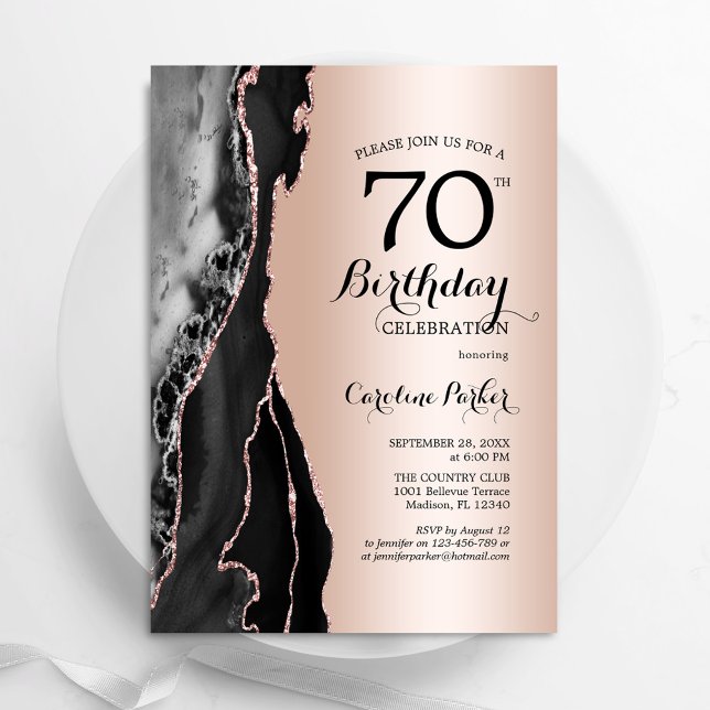 Rose Gold Black Agate 70th Birthday Invitation (Creator Uploaded)