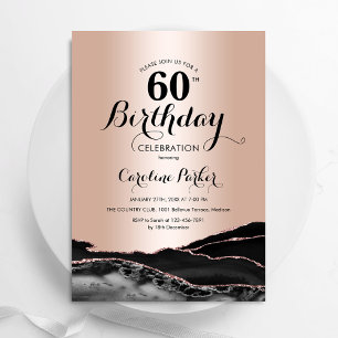 Rose Gold Black Agate Marble 60th Birthday Invitation
