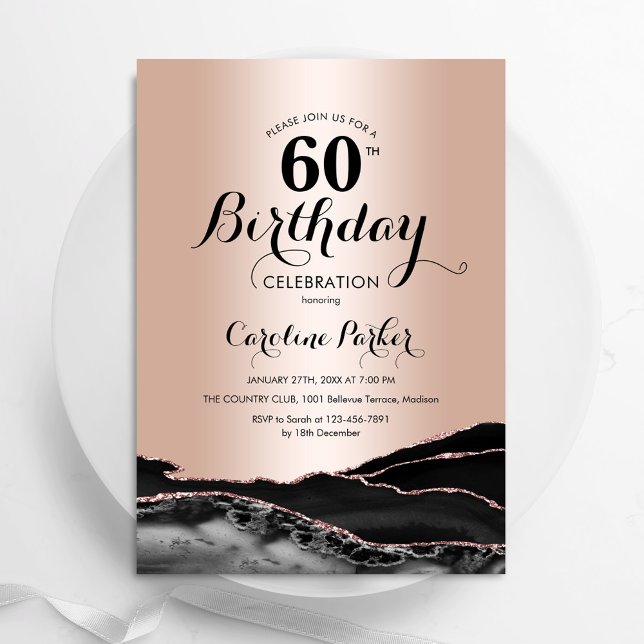 Rose Gold Black Agate Marble 60th Birthday Invitation (Creator Uploaded)