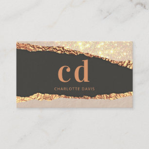 Rose gold black agate marble monogram initials business card