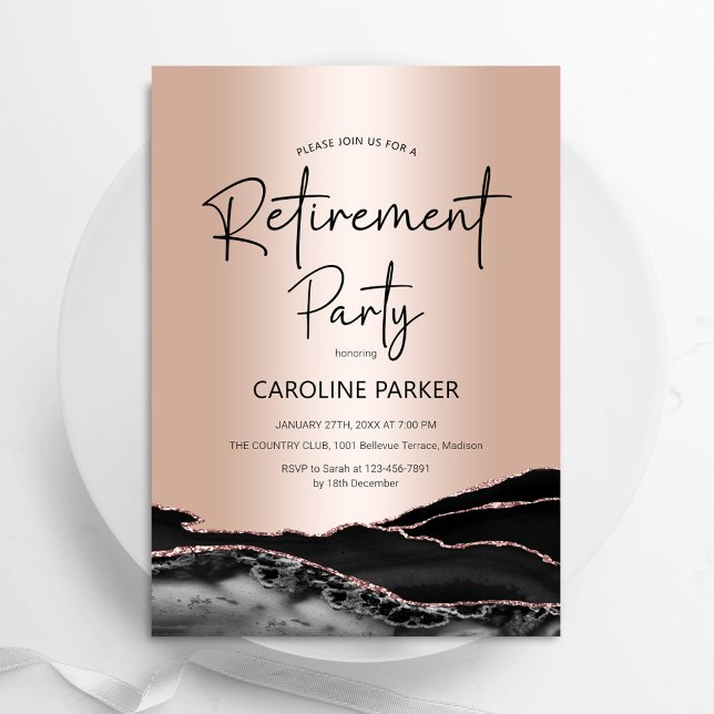 Rose Gold Black Agate Retirement Party Invitation (Creator Uploaded)