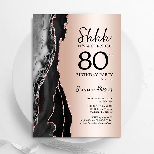 Rose Gold Black Agate Surprise 80th Birthday Invitation (Creator Uploaded)