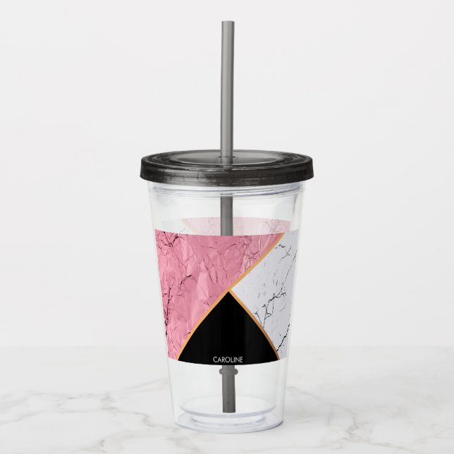 Rose Gold Black and White Marble Pattern Acrylic Tumbler (Front)