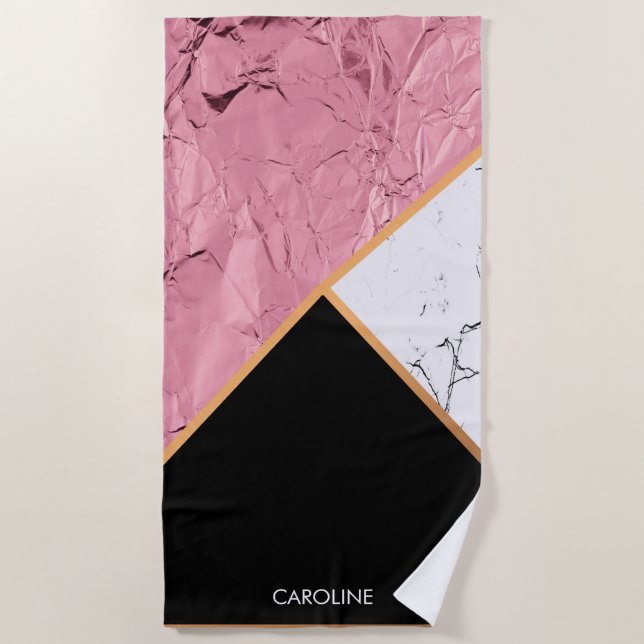 Rose Gold Black and White Marble Pattern Beach Towel (Front)