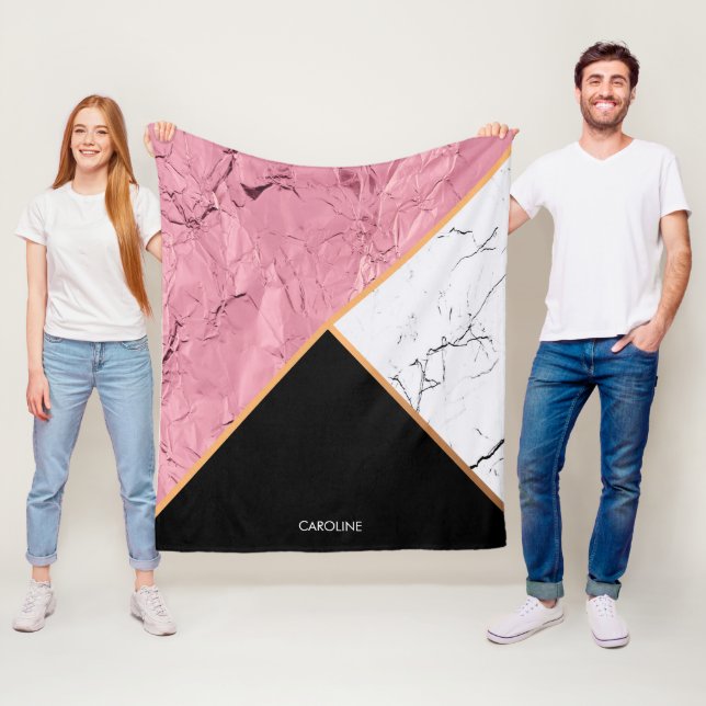 Rose Gold Black and White Marble Pattern Fleece Blanket (In Situ)