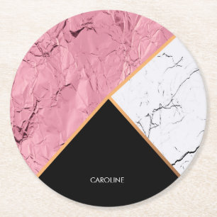Rose Gold Black and White Marble Pattern Round Paper Coaster