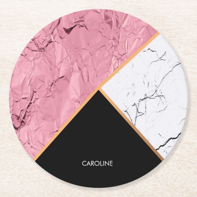 Rose Gold Black and White Marble Pattern Round Paper Coaster (Front)