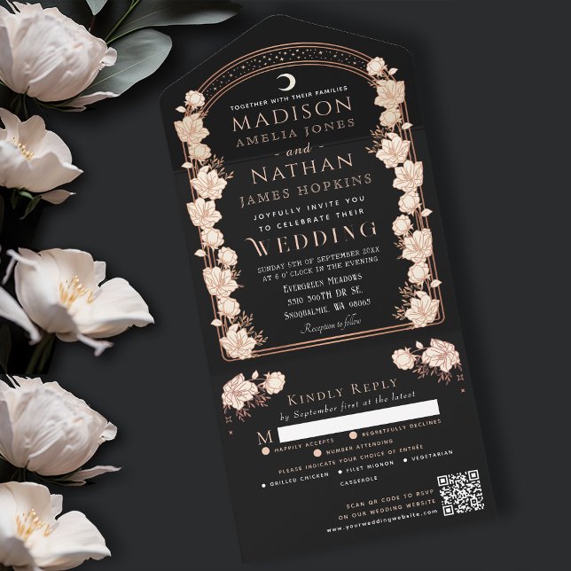 Rose Gold Black Art Nouveau QR Code Wedding All In One Invitation (Creator Uploaded)