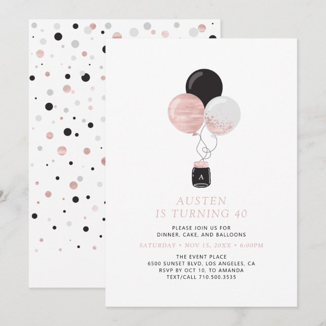 Rose Gold & Black Balloons Modern Birthday Party Invitation (Front/Back)