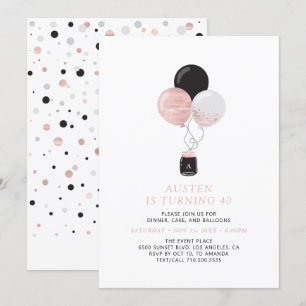 Rose Gold & Black Balloons Modern Birthday Party Invitation