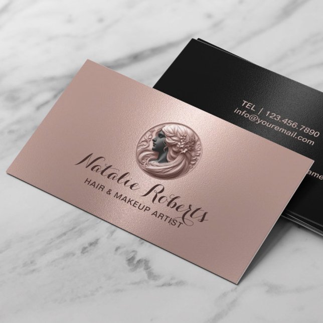 Rose Gold & Black Beauty Salon Logo Hair Stylist Business Card (Creator Uploaded)