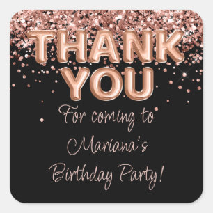 Rose Gold Black Birthday Party Favours Square Sticker