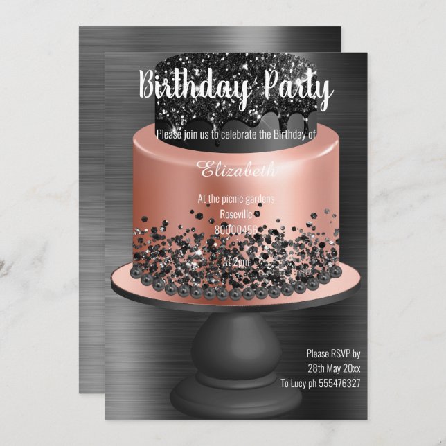 ROSE GOLD BLACK BLACK CAKE BIRTHDAY INVITATION  (Front/Back)