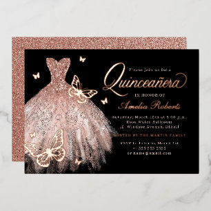 Rose Gold Black Butterfly Dress Quinceanera