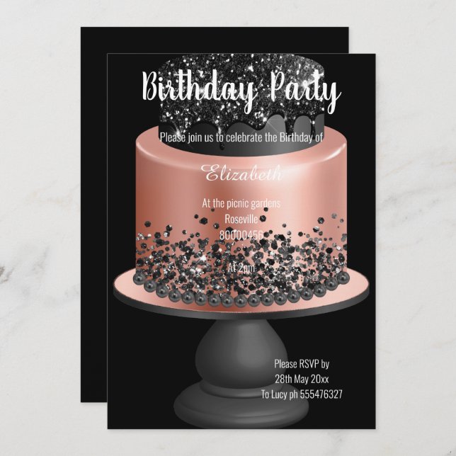ROSE GOLD BLACK CAKE 2 BIRTHDAY INVITATION (Front/Back)