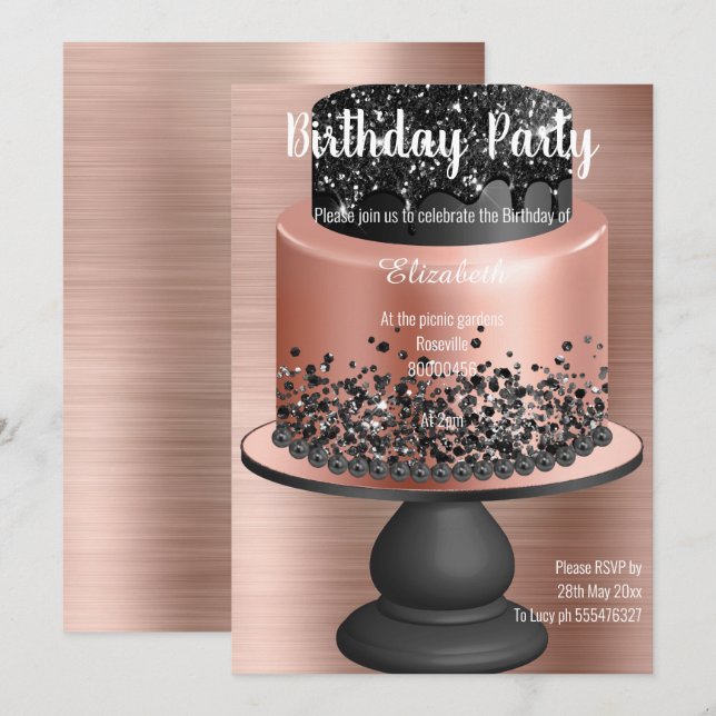 ROSE GOLD BLACK CAKE BIRTHDAY INVITATION 2 (Front/Back)