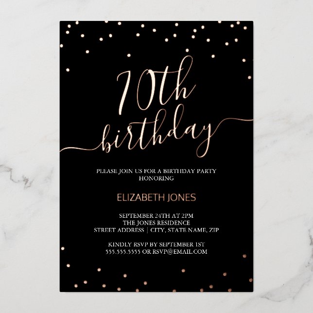 Rose Gold Black Calligraphy Confetti 70th Birthday (Front)