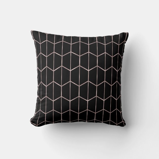Rose Gold & Black Chic Hexagon Geometric Glam Cushion (Front)