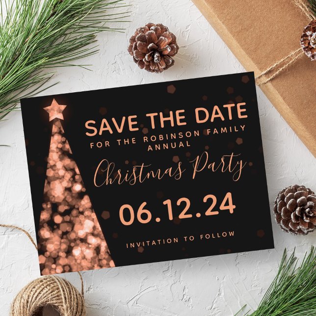 Rose Gold & Black Christmas Party Save The Date Announcement Postcard (Rose Gold & Black Christmas Party Save The Date Announcement Postcard)