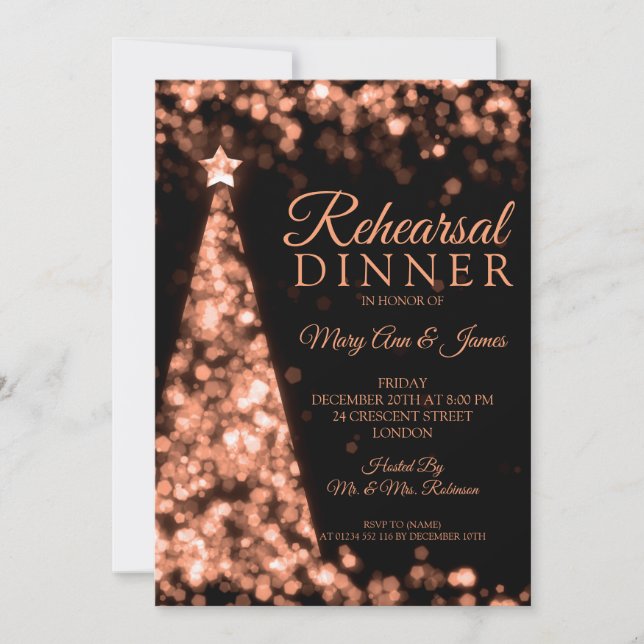 Rose Gold Black Christmas Wedding Rehearsal Dinner Invitation (Front)