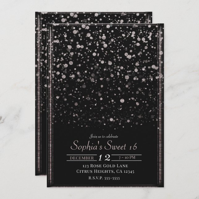 Rose Gold & Black Confetti Splatter Sweet 16 Party Invitation (Front/Back)