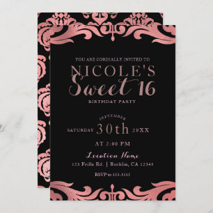 Rose Gold Black Damask Chic Elegant Sweet 16 Party Invitation