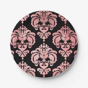 Rose Gold Black Damask Vintage Wedding Event Party Paper Plate
