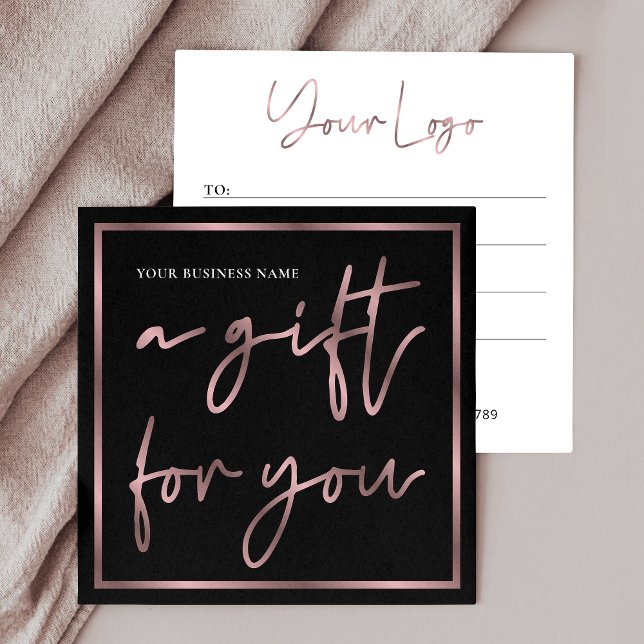 Rose Gold Black Elegant Business Logo Gift Voucher Square Business Card (Creator Uploaded)