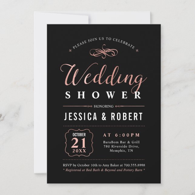 Rose Gold & Black | Elegant Couples Wedding Shower Invitation (Front)