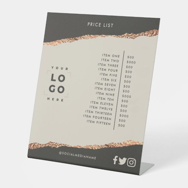 Rose gold black elegant modern girly price list pedestal sign (Front)