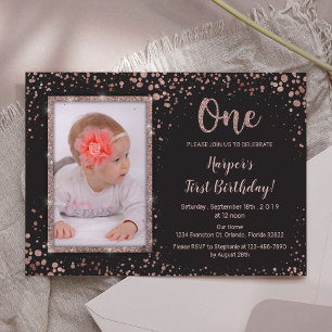 Rose Gold Black First Birthday Photo Invitation