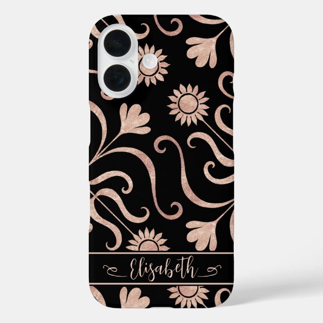 Rose Gold & Black Floral Damask Sunflower Folk Art Case-Mate iPhone Case (Back)