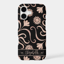 Rose Gold & Black Floral Damask Sunflower Folk Art