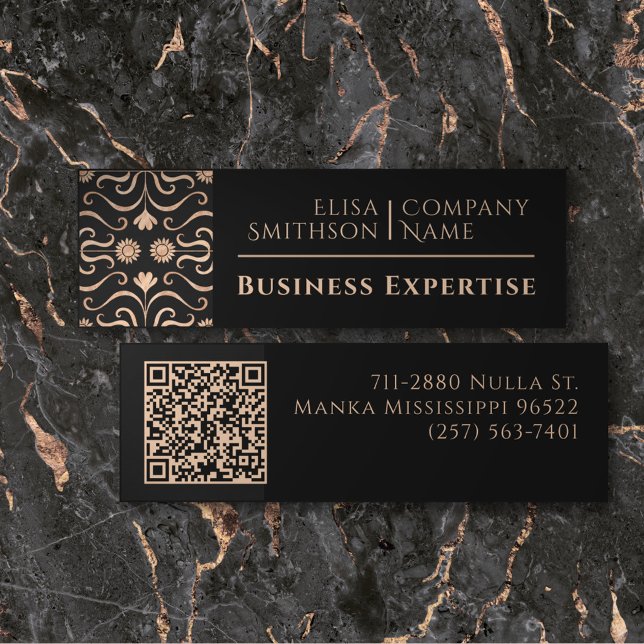 Rose Gold & Black Floral Folk Art Elegant Feminine Mini Business Card (Creator Uploaded)