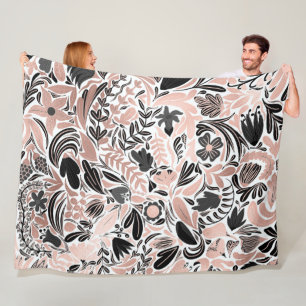 Rose Gold Black Floral Leaf Illustration Pattern Fleece Blanket