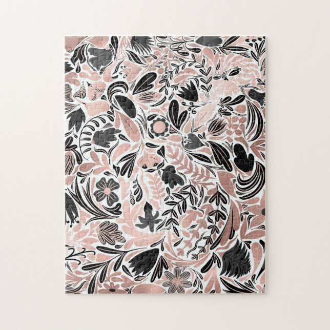 Rose Gold Black Floral Leaf Illustration Pattern Jigsaw Puzzle (Vertical)