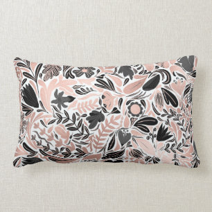 Rose Gold Black Floral Leaf Illustration Pattern Lumbar Cushion