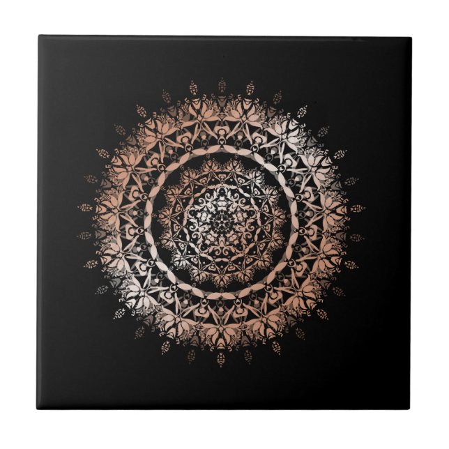 Rose Gold Black Floral Mandala Ceramic Tile (Front)