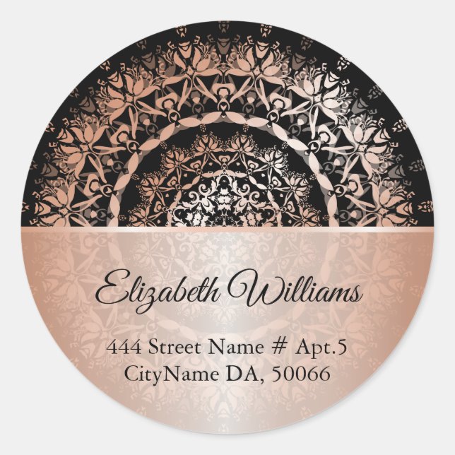 Rose Gold Black Floral Mandala   Classic Round Sticker (Front)
