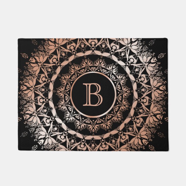 Rose Gold Black Floral Mandala Doormat (Front)